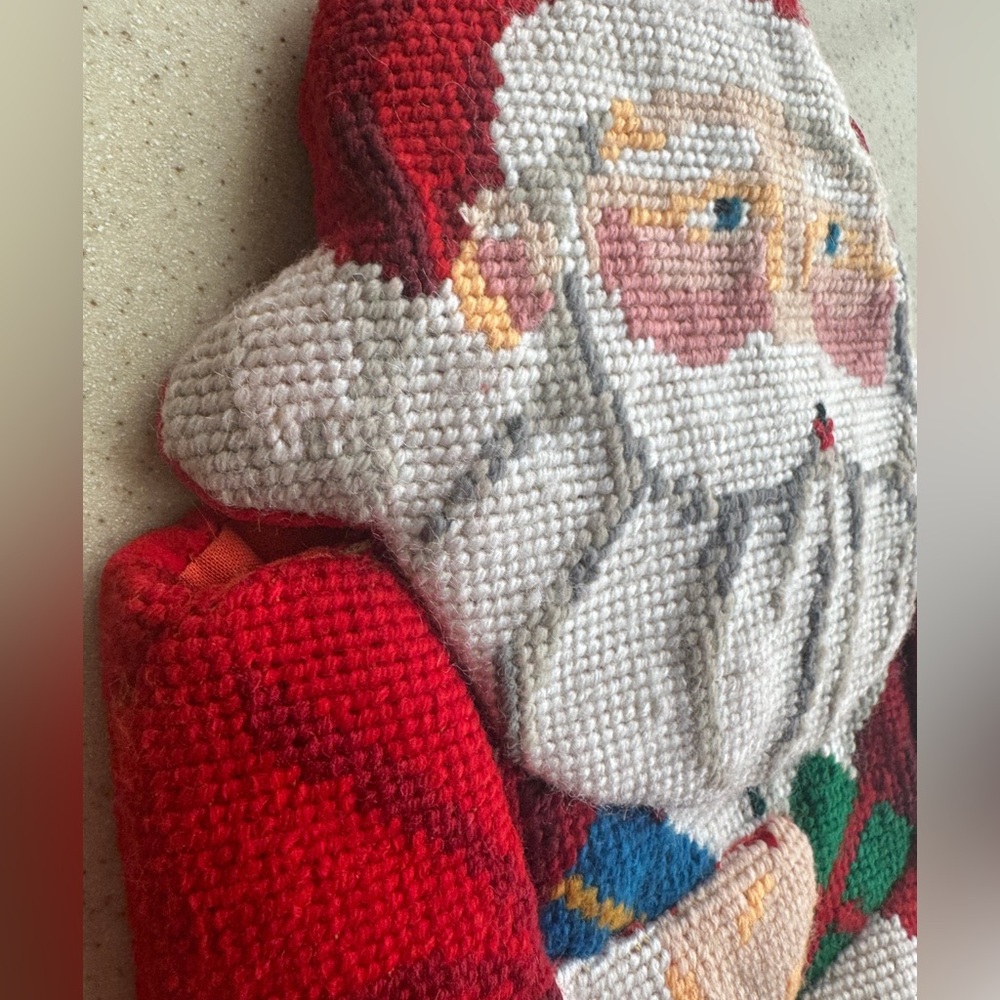 Vintage Handmade Needlepoint Christmas Stockings Set 2 Santa Toys 1990s Decor - Picture 3 of 16